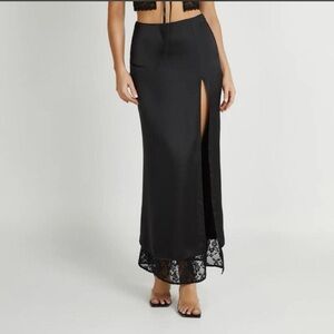 Meshki Mia Elegant Black Satin Midi Skirt with Lace Detail